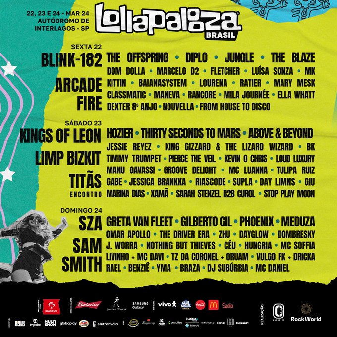 Atrações do lollapalooza. SZA, Sam Smith no Lolla. Lollapalooza brasil 2024, palco, shows e principais atrações do LollaBR.